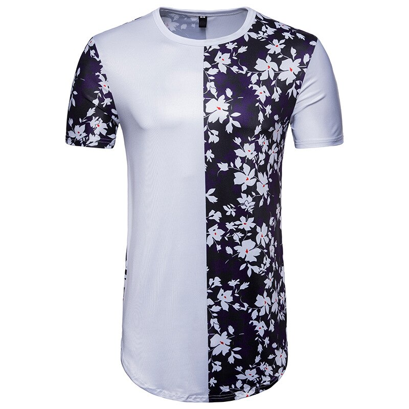 White Blue Floral Colorblock Printed T Shirt