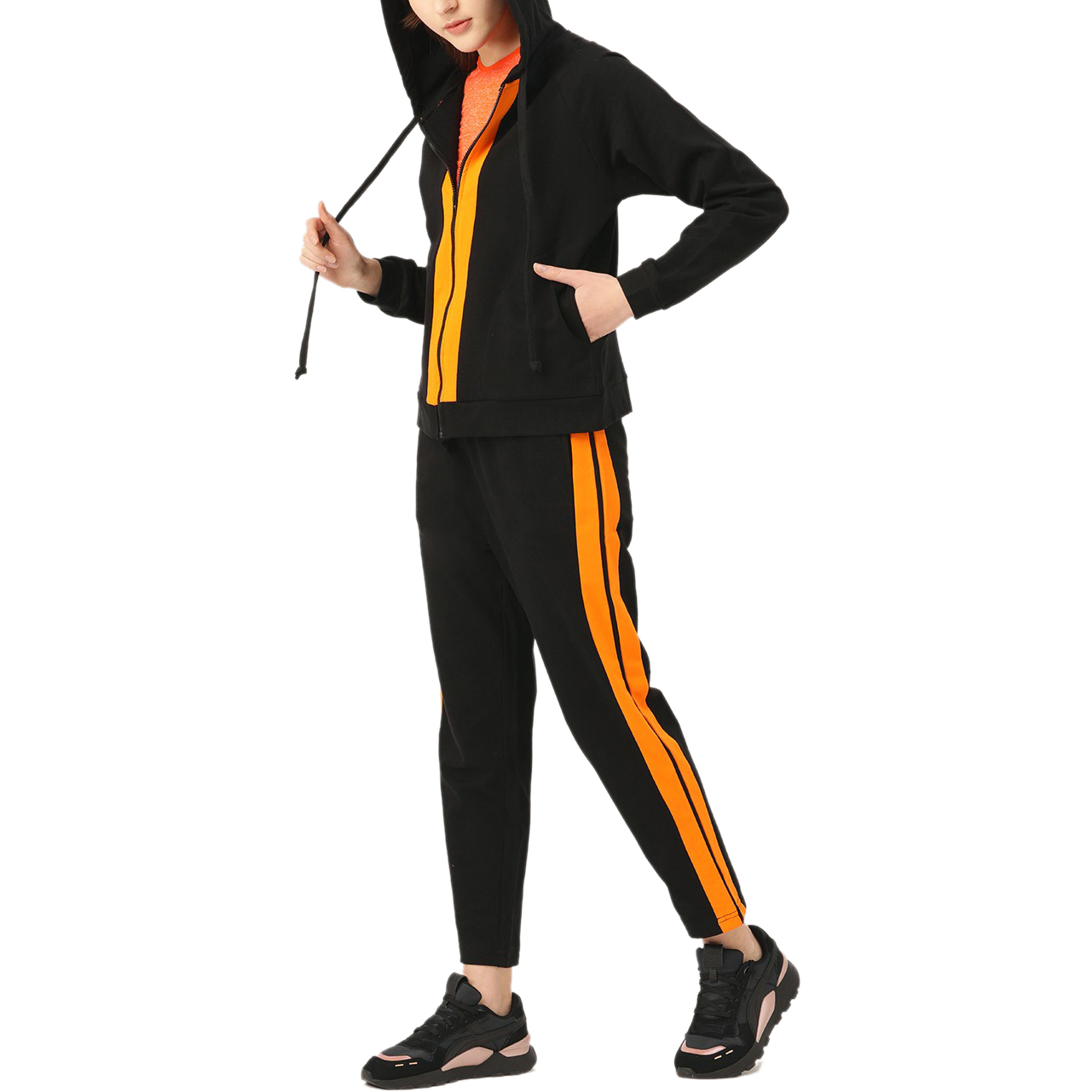 Solid Bl;ack Orange Stripes Hooded Tracksuits