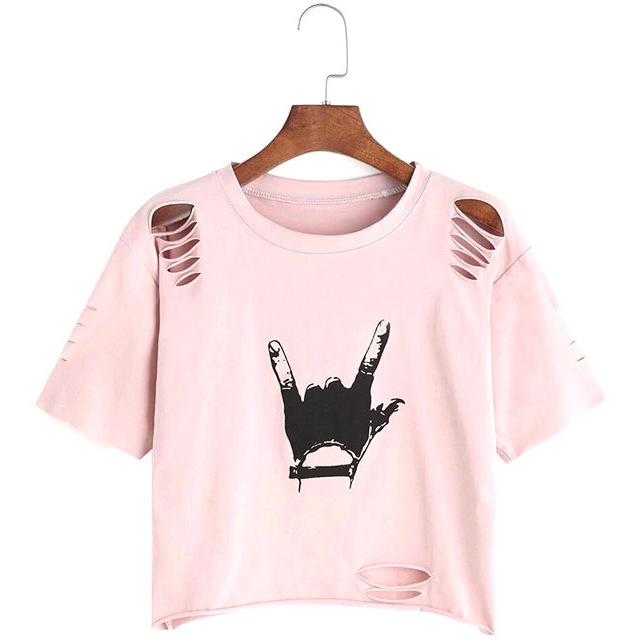 Distressed Hand Gersture Crop Tee