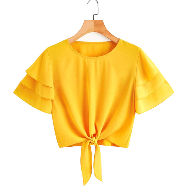 Layed Sleeve Knot Hem Crop Blouse