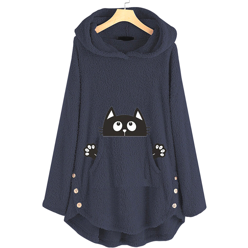 Cat Printed Terry Fleece Hoodies