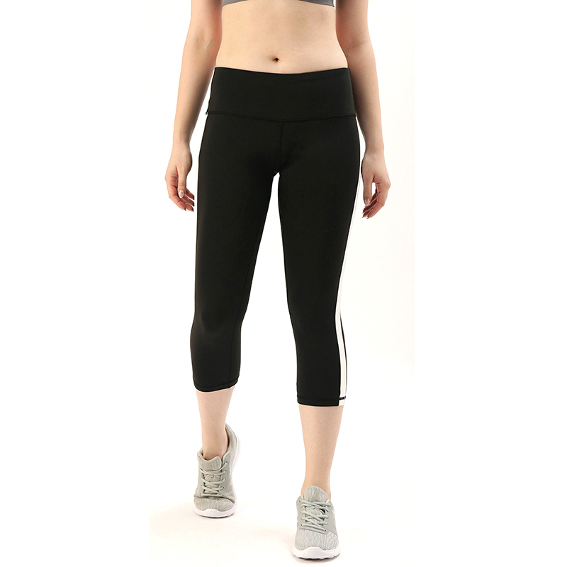 Solid Black Side Striped Yoga Capri Pants