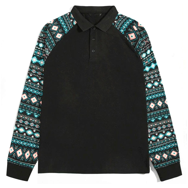 Geometric Print Raglan Sleeve Polo Shirt